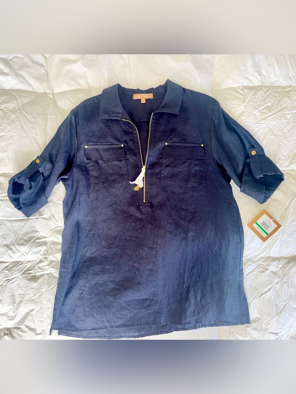 Ellen Tracy Navy Linen Half-Zip Tunic with Gold Accents brand new with tags